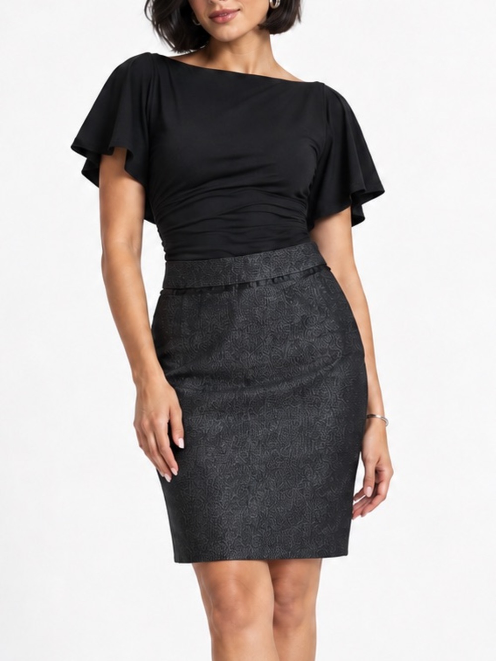 Banana Republic Black Metallic Pencil Skirt Ruffle Trim Size 8